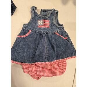 Vintage Oshkosh Girls Denim Jumper Dress Flag Design (0-3 MOS) Independence Day